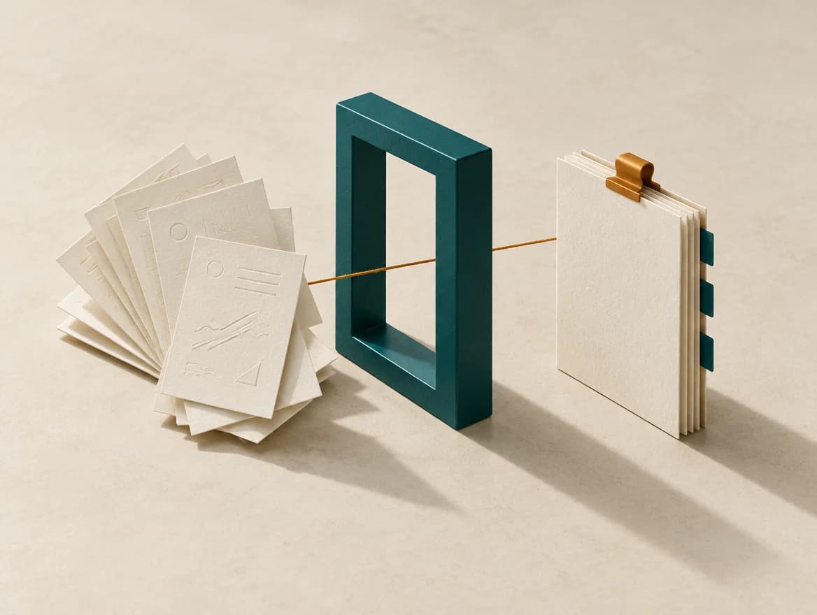 Concept illustration: loose documents are connected through a teal frame into an organized dossier.